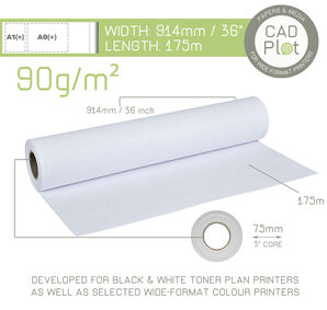 CAD Plot PPC Plan Copier Paper 90g/m² 36 914mm x 175m roll (3" core)